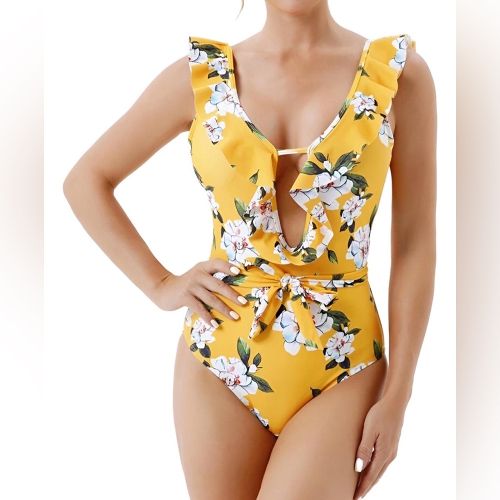 YELLOW FLORAL SWIMSUIT WITH RUFFLES